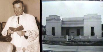 Sacerdote Pablo Drenjancevich y edificio del entonces Colegio Nacional en calle Italia