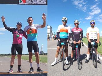 En la imagen de la izquierda, el hendersonense ganador junto a quien salió segundo. En la de la derecha, los tres ciclistas coterráneos: Núñez, Pérez y López